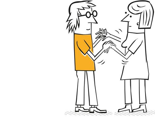 Die Betroffene Person greift die Hände der Person, mit der sie über Gebärdensprache kommuniziert.